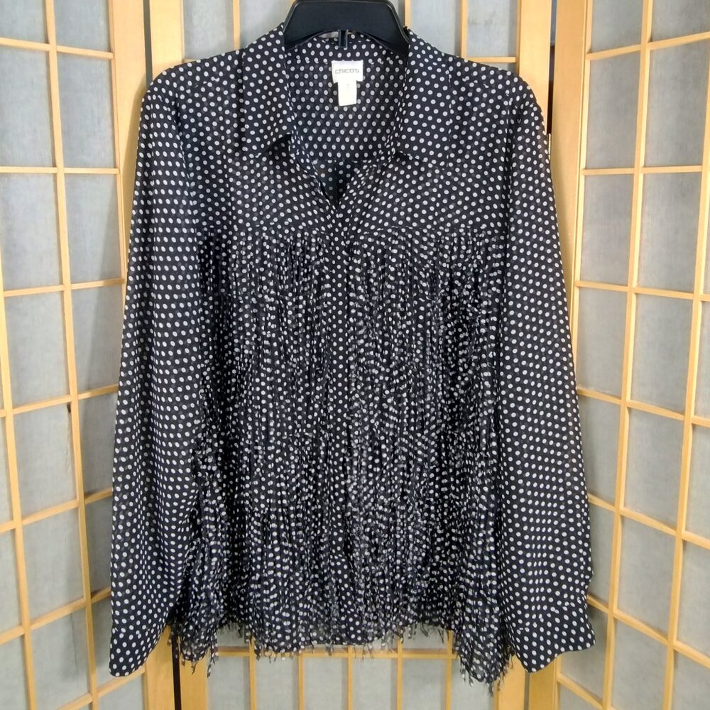Chico's Black and White Fringe Front Polka Dot Button Down Blouse Size 3/XL